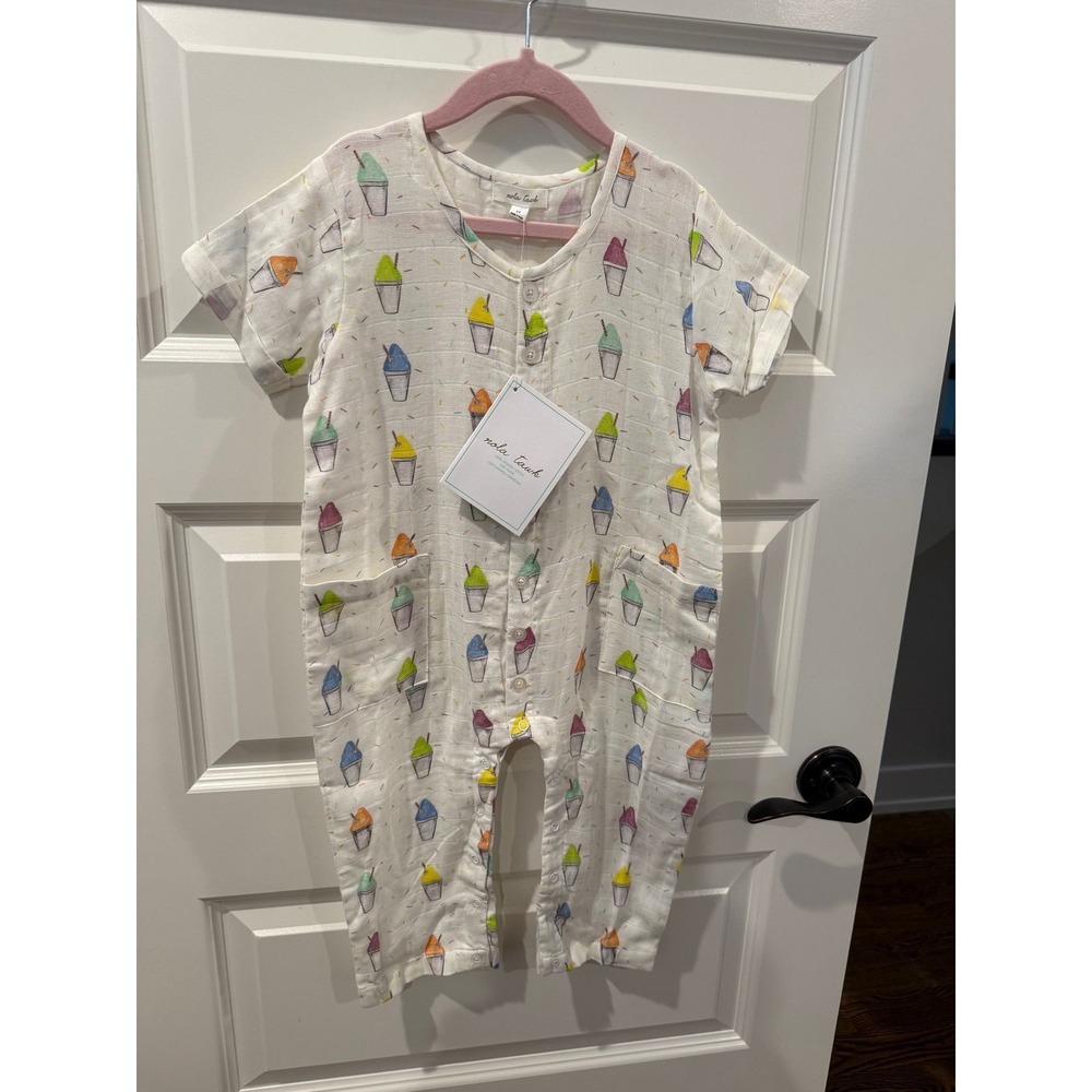 Nola Tawk Snoball Muslin Romper Organic Cotton White Multi Color Kids Size 3